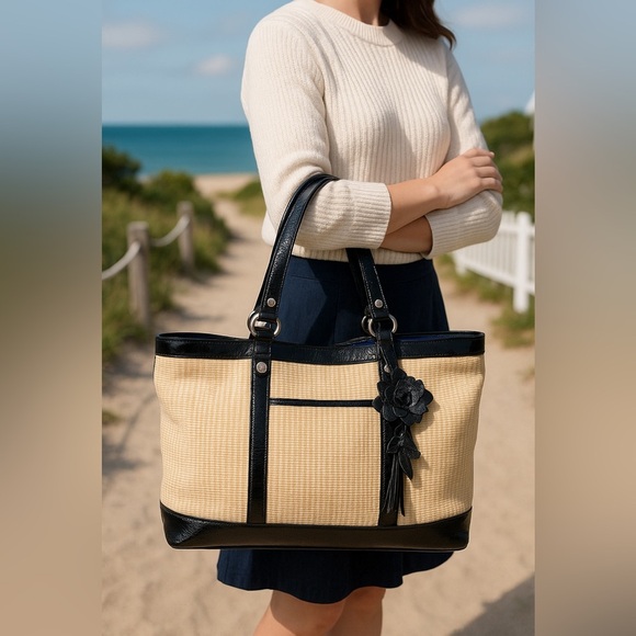 Cole Haan Straw & Patent Leather Tote Bag with Floral Charm